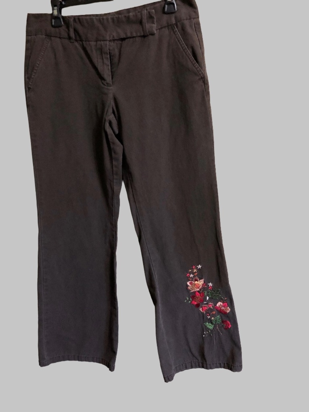 Vintage Y2K Daisy Fuentes Brown Floral Embroidered Wide Leg Pants 10P Boho